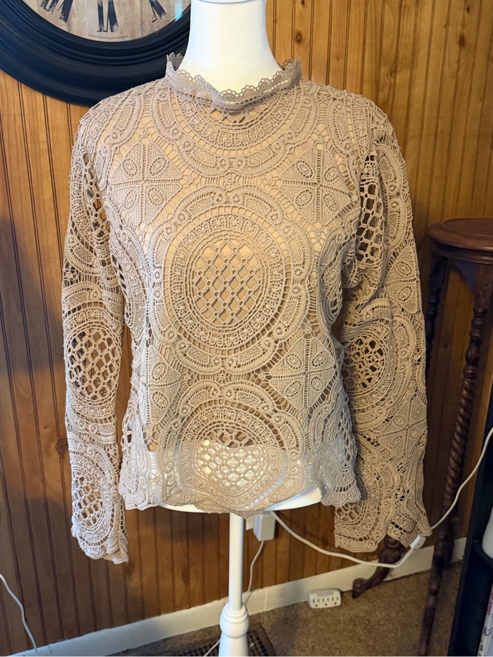 Ultra Pink Taupe Crochet Lace Long-Sleeve Top